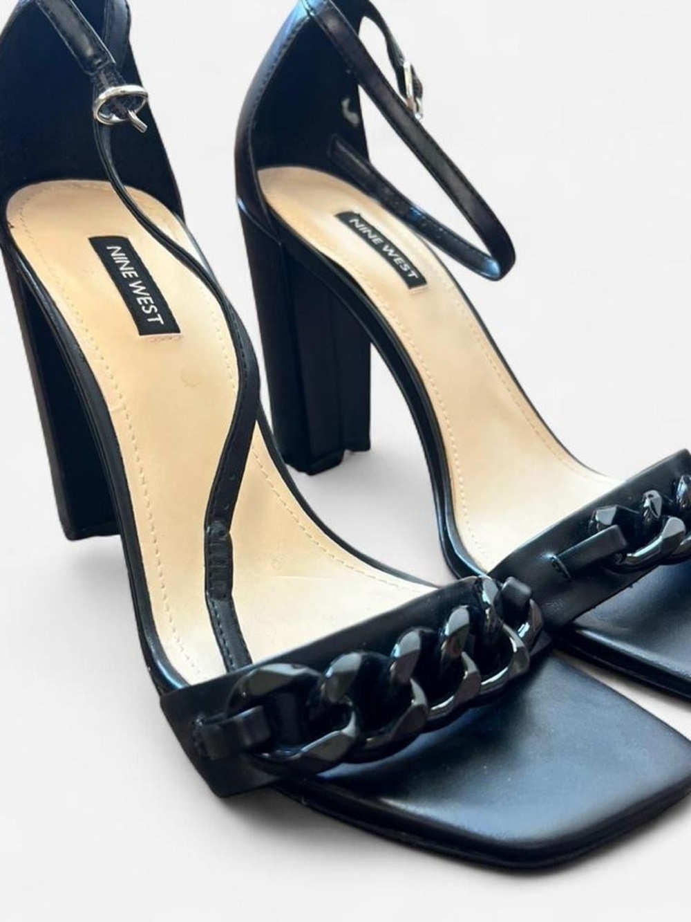 Nine West Black Chain-Trim Block Heel Sandals